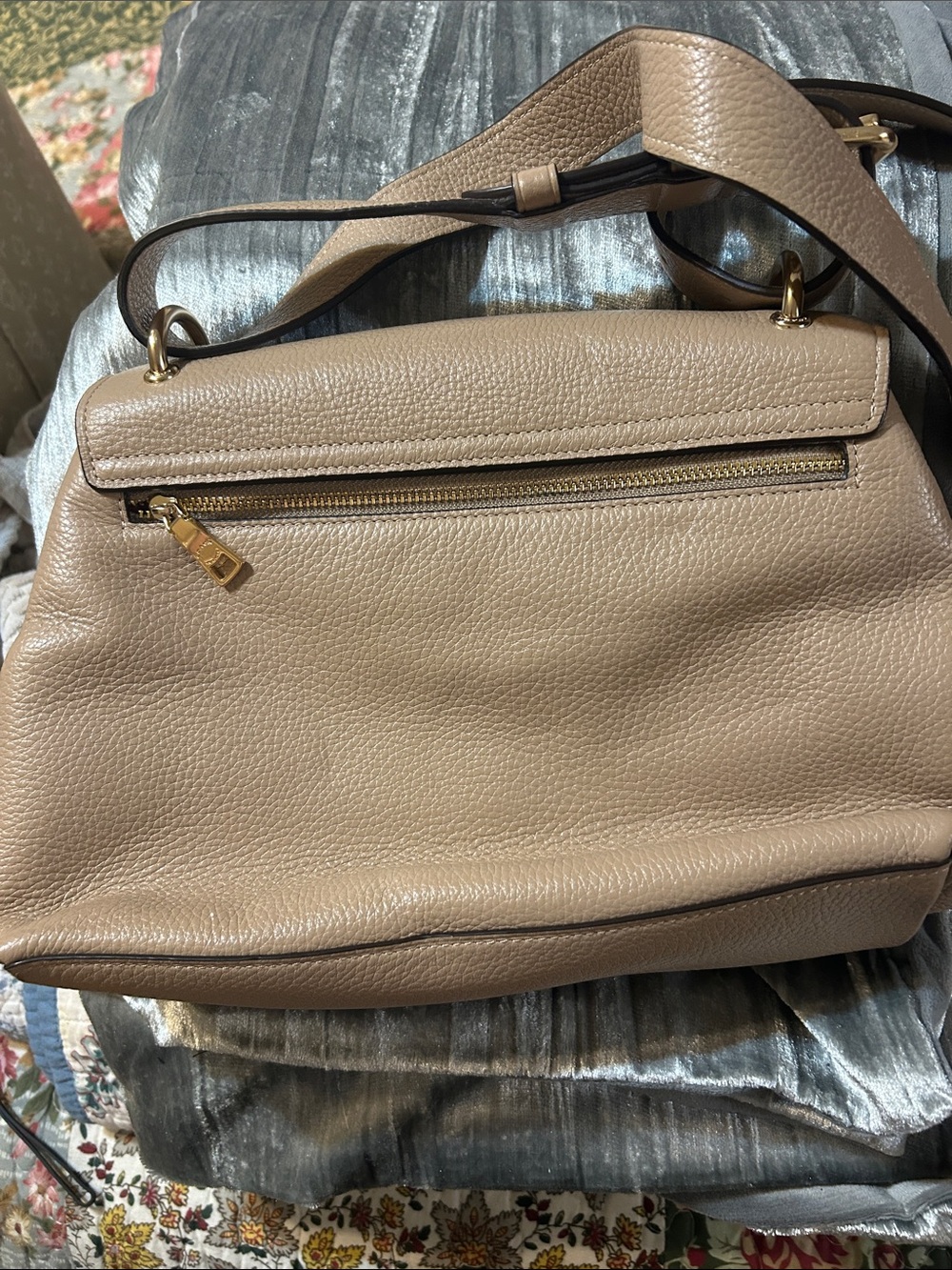 Coach Taupe Pebbled Leather Shoulder Bag with Floral Studs and Gold Charm - Picture 2 of 5